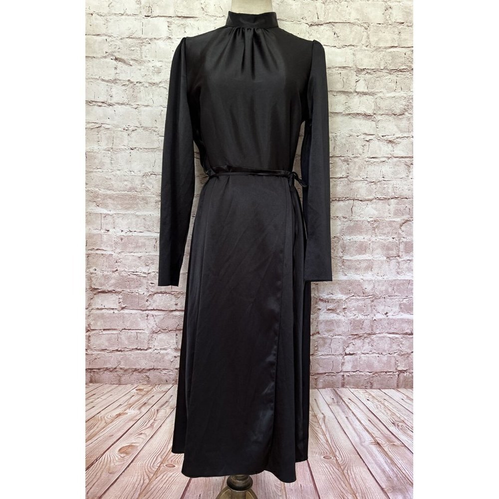 River Island Womens Dress Black Satin Long Sleeve Midi A- Line Mock Neck UK 10